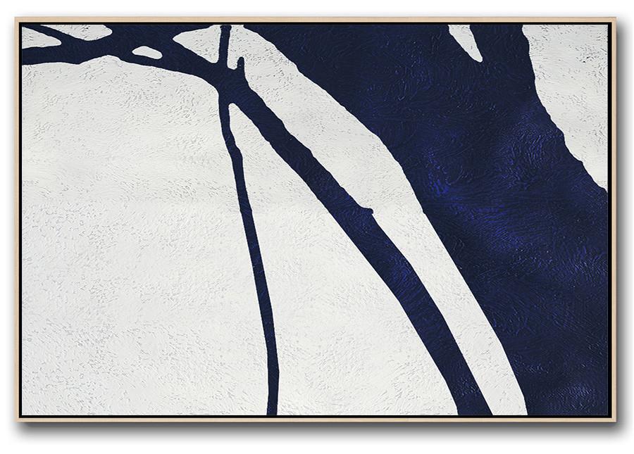 Large Canvas Art,Modern Art Abstract Painting,Horizontal Abstract Painting Navy Blue Minimalist Painting On Canvas,Custom Canvas Wall Art